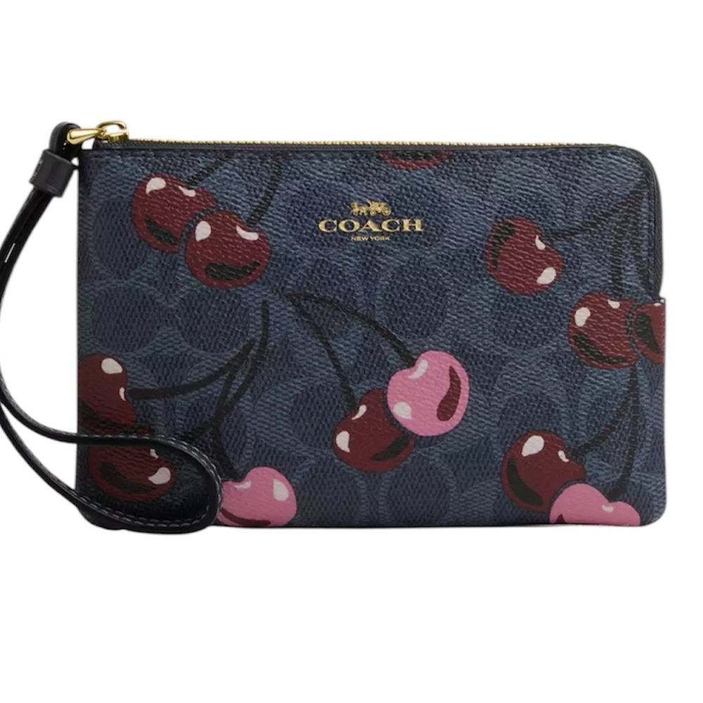 Coach Blue and Pink Wristlet Clutch with Gold Hardware
